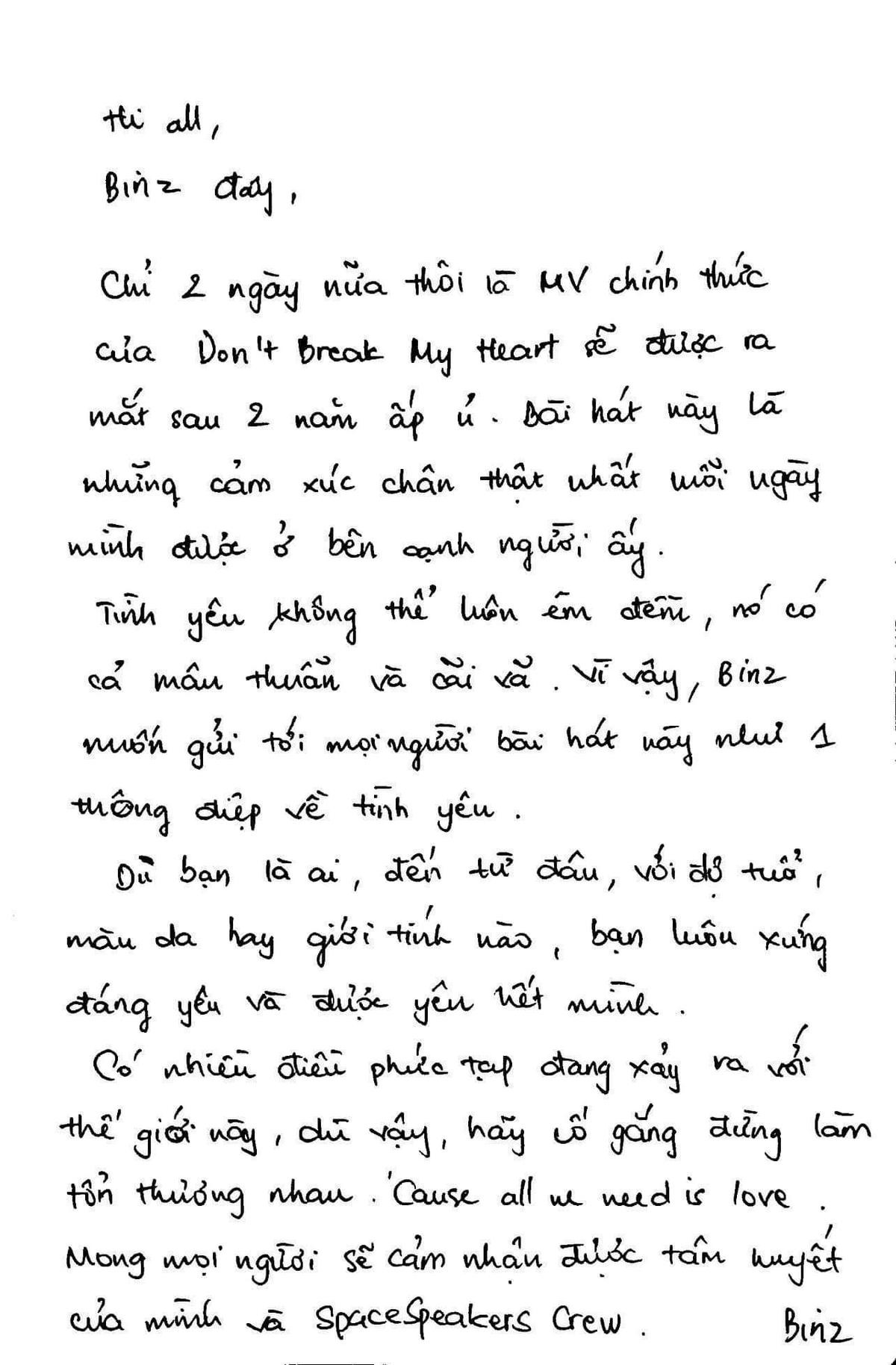 Binz viết thư tay hé lộ chuyện tình cảm, tiết lộ thời điểm kết hôn Ảnh 1