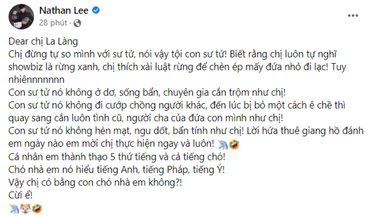 Nathan Lee bất ngờ gửi tâm thư đến 'chị La Làng', gay gắt nhắn nhủ 'đừng tự so sánh mình là sư tử' Ảnh 2