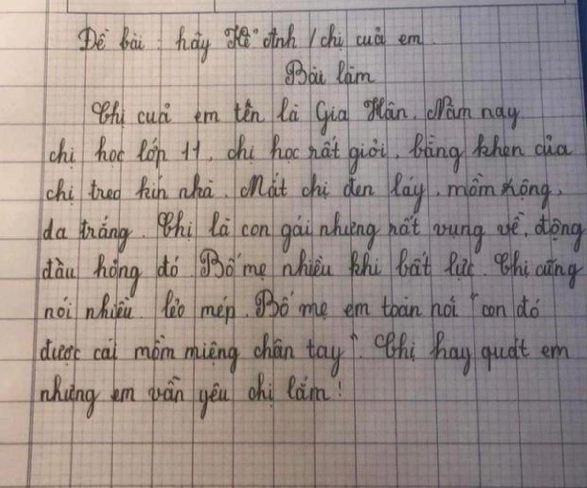 Bé gái làm văn 'bóc phốt' loạt tật xấu của chị gái, câu kết còn tỏ rõ sự 'lươn lẹo' khiến CĐM cười ngất Ảnh 1