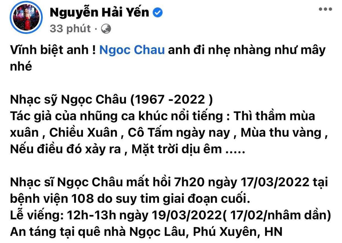 Ca sĩ Hoàng Bách, Thái Thùy Linh và nhiều nghệ sĩ Việt xúc động nói lời tiễn biệt nhạc sĩ Ngọc Châu Ảnh 3