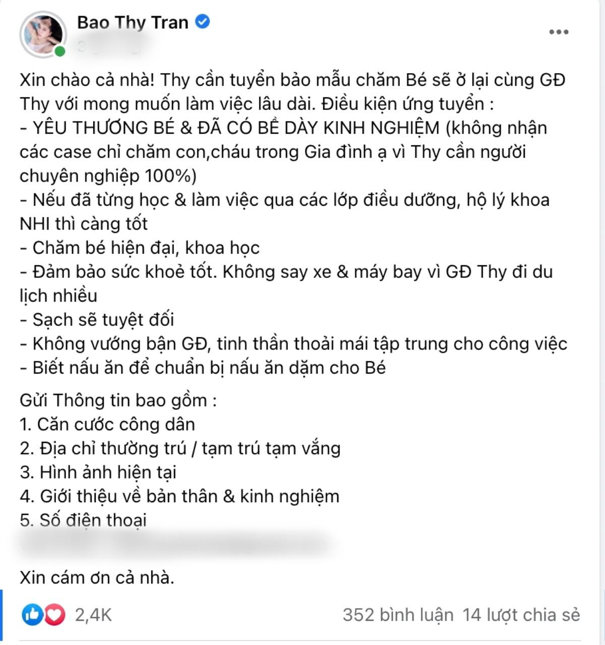 Bảo Thy đăng tuyển bảo mẫu cho quý tử, tiêu chí là gì khiến netizen lắc đầu: Vậy chỉ có mẹ chăm con thôi! Ảnh 2