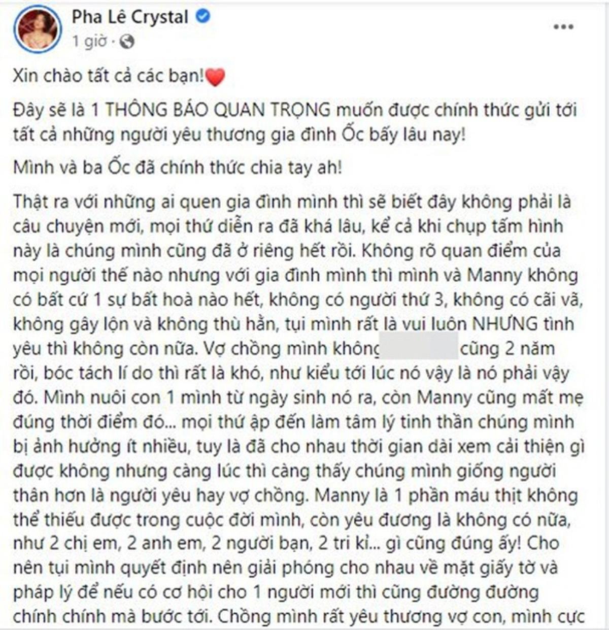 Pha Lê thông báo chia tay chồng Hàn Quốc, vợ nghệ sĩ Tự Long hỏi sốc: 'Pha Lê là ai?' Ảnh 1