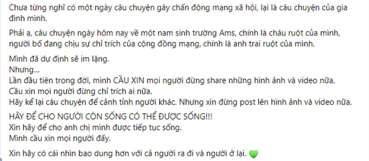 Người nhà nam sinh lớp 10 nhảy lầu tự tử lên tiếng cầu xin: 'Hãy để cho người còn sống có thể được sống' Ảnh 1