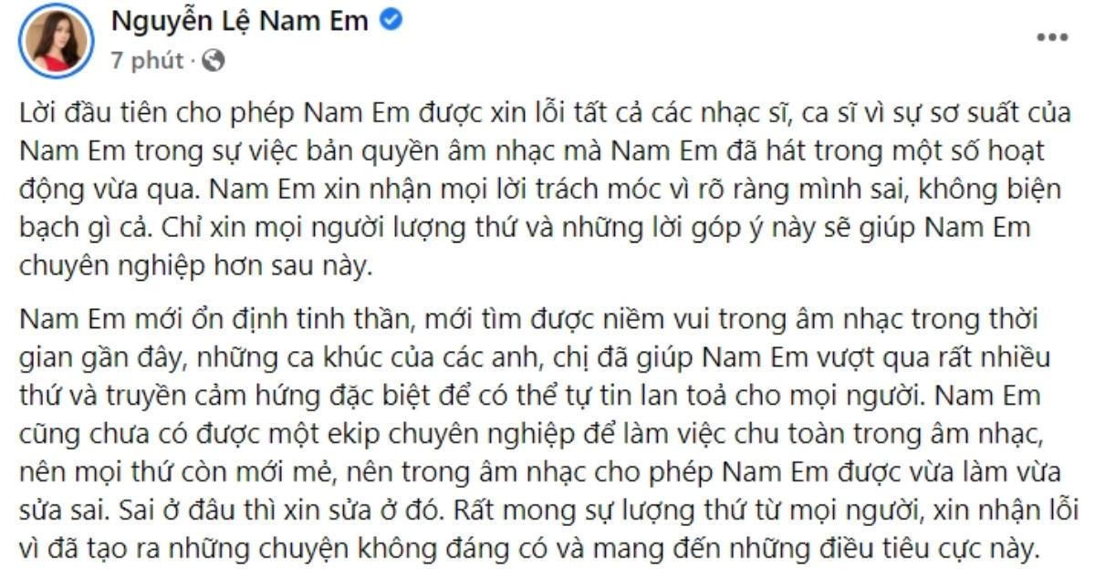 Nam Em lên tiếng sau khi bị tố 'xài chùa' nhạc để đi hát mà không xin phép: 'Xin nhận mọi lời trách móc' Ảnh 2