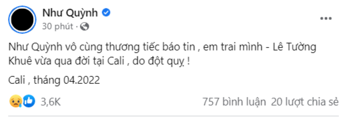 Ca sĩ Như Quỳnh đột ngột báo tin buồn em trai qua đời Ảnh 1