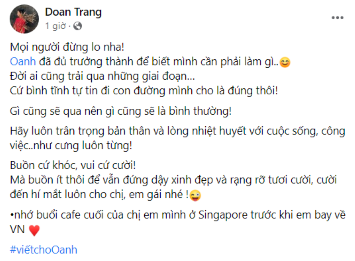 Đoan Trang lên tiếng về chuyện ly dị của MC Hoàng Oanh: 'Buồn ít thôi, cười hí mắt luôn cho chị' Ảnh 3