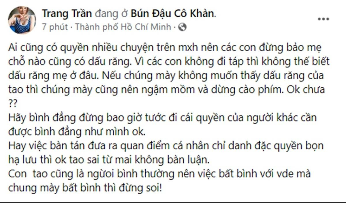 Bị cư dân mạng chế giễu 'lo chuyện bao đồng' Trang Trần đáp trả cực gắt Ảnh 1