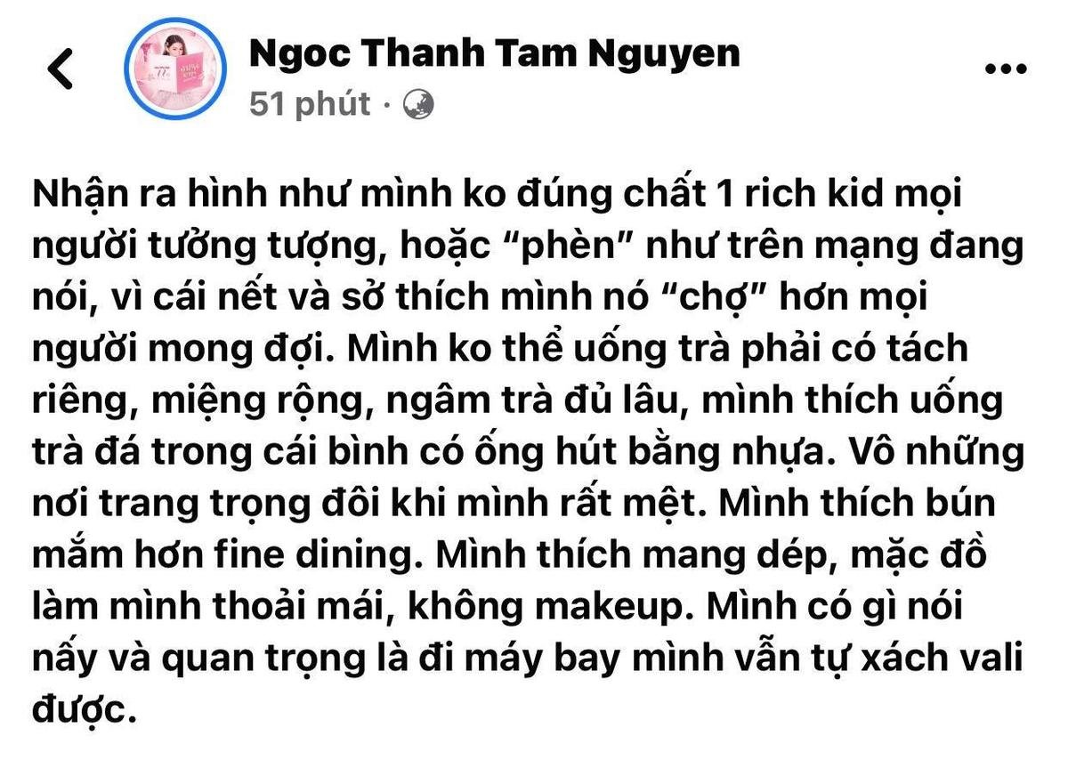 Rich kid Ngọc Thanh Tâm tự nhận mình 'phèn', thâm thúy 'cà khịa' ai đó: 'Đi máy bay vẫn tự xách vali' Ảnh 2