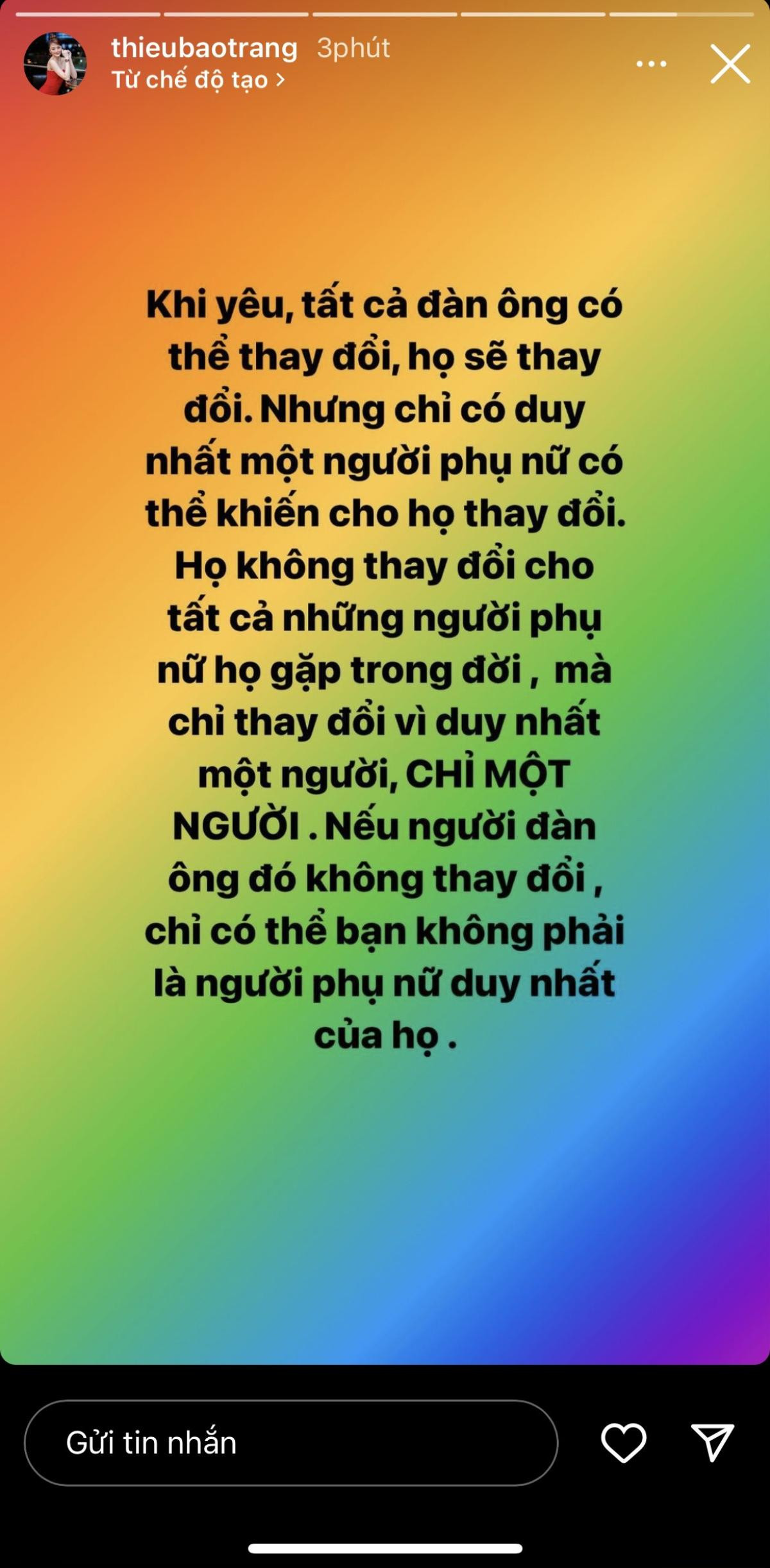 Thiều Bảo Trang đăng bài ẩn ý về chuyện tình yêu, khẳng định người đàn ông chỉ thay đổi vì một người Ảnh 5