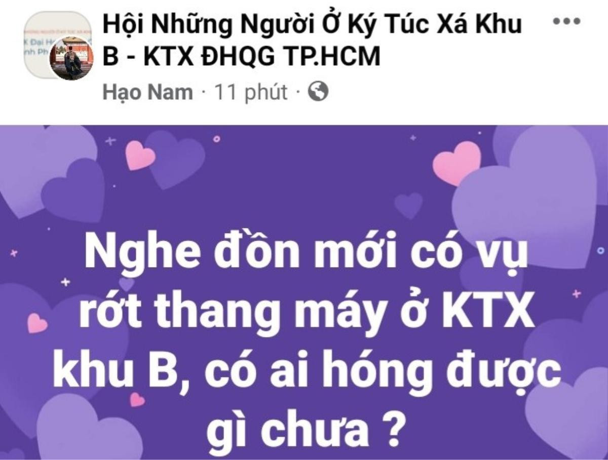 Thực hư vụ việc 'rớt thang máy' tại Ký túc xá ĐH Quốc gia TP.HCM? Ảnh 1