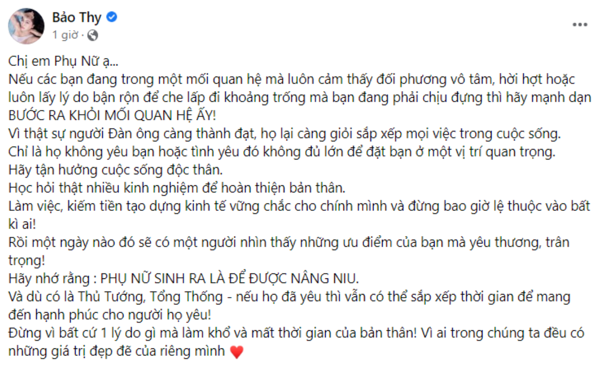 Bảo Thy gây xôn xao khi khuyên 'chị em phụ nữ nên bước ra khỏi mối quan hệ nếu đối phương vô tâm' Ảnh 2