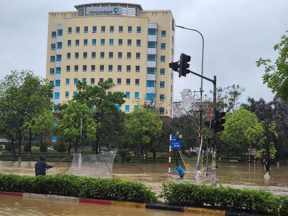 Mưa lớn khiến đường phố ngập 'thành sông', người dân mang vó, nơm ra giữa ngã tư đường bắt cá Ảnh 4