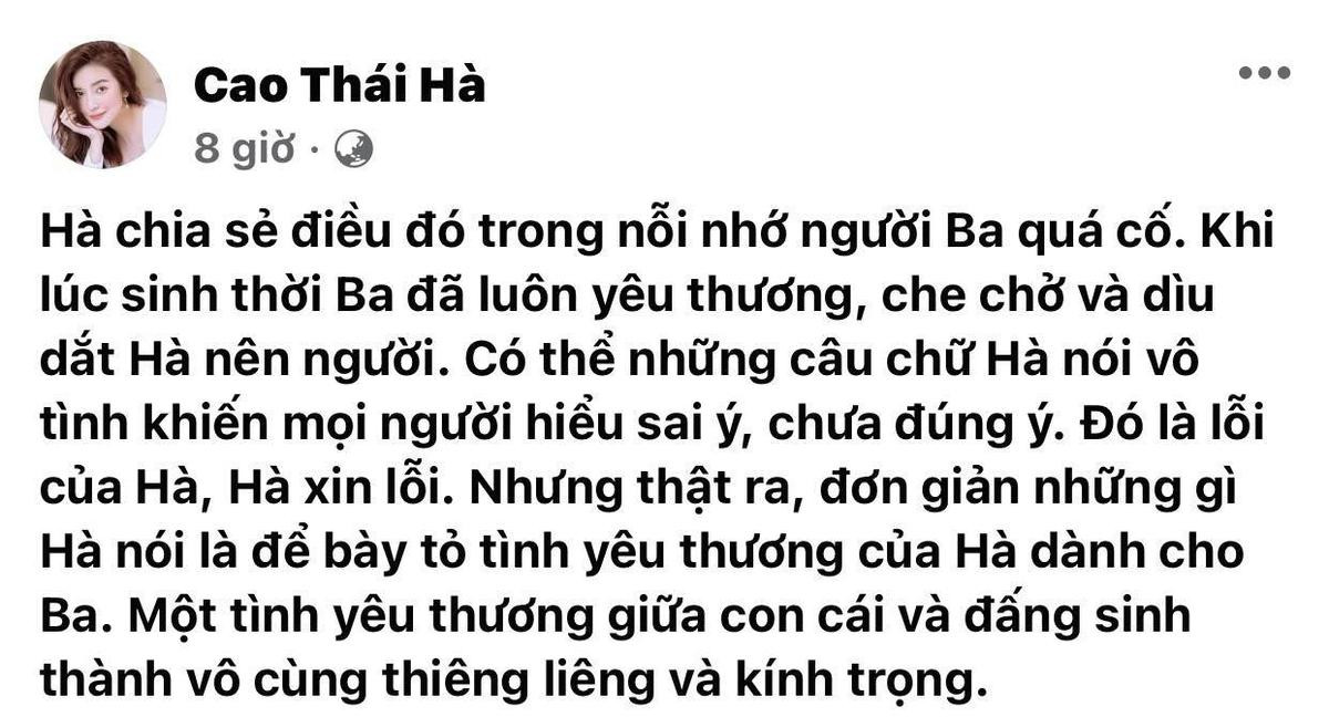 Cao Thái Hà lên tiếng xin lỗi phát ngôn 'nhạy cảm' về người cha quá cố: 'Đó là lỗi của Hà, Hà xin lỗi' Ảnh 2