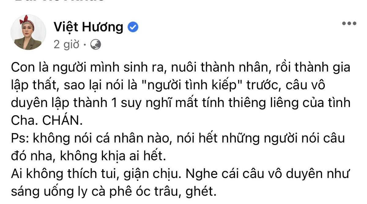 Việt Hương phản ứng gay gắt trước quan điểm cha là người tình kiếp trước: 'Mất tính thiêng liêng' Ảnh 3