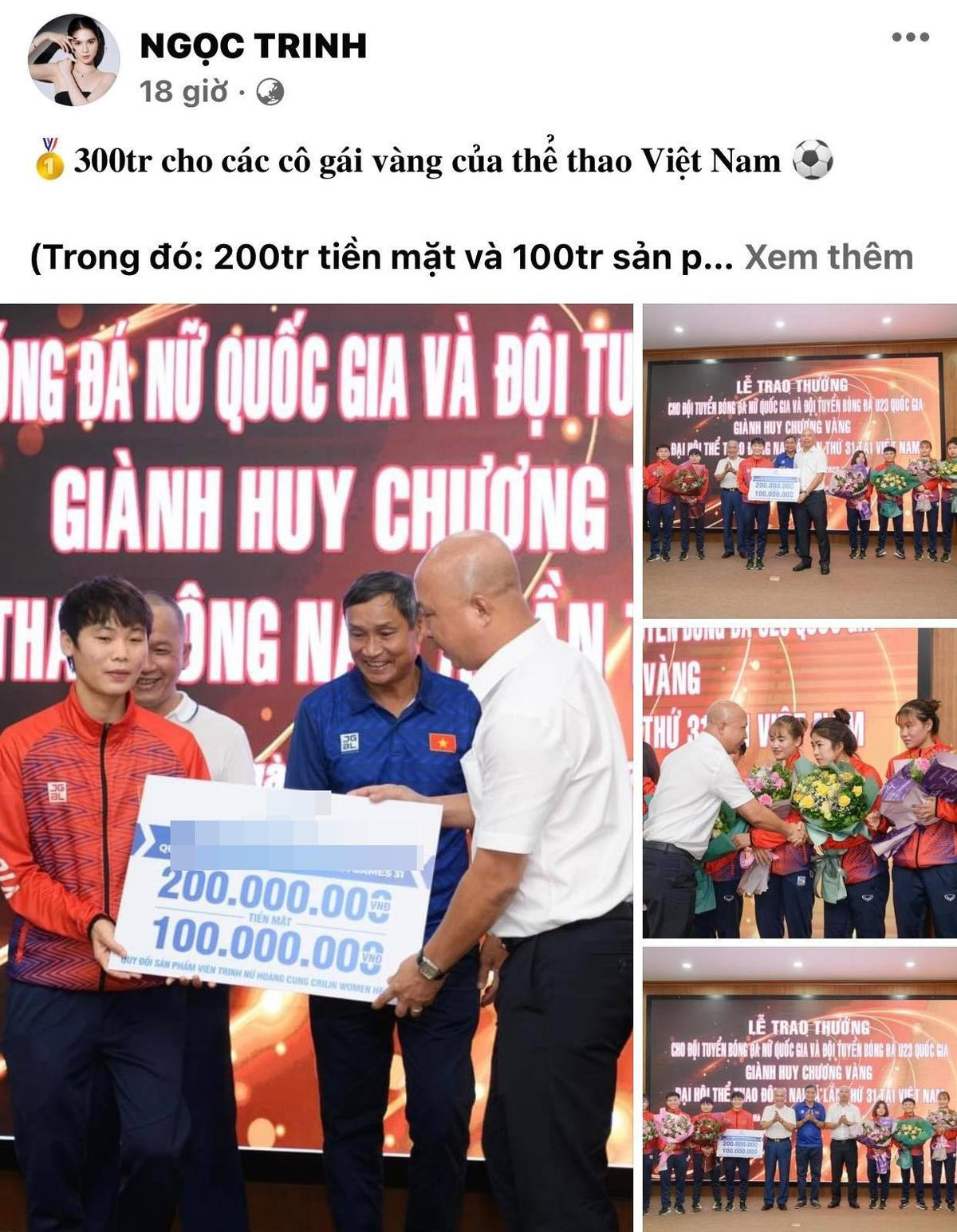 Ngọc Trinh thưởng 300 triệu đồng cho ĐT bóng đá nữ Việt Nam Ảnh 1