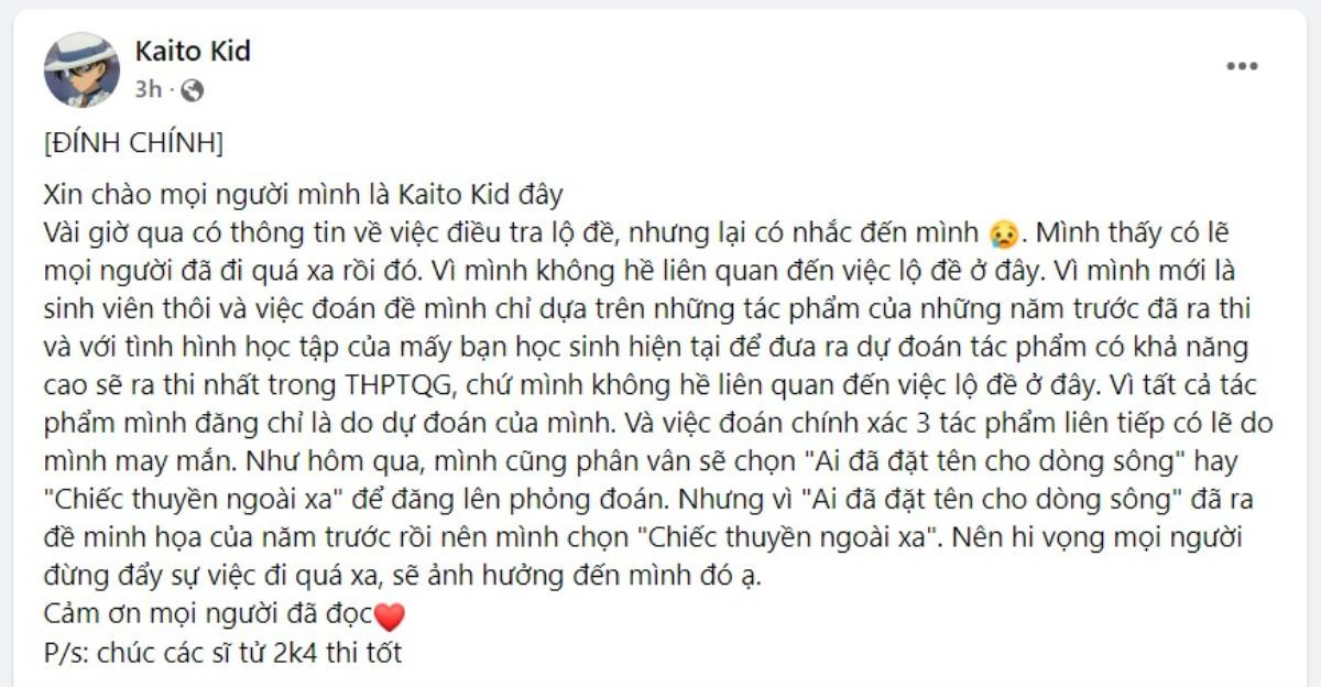 Fanpage đoán trúng đề 3 năm liên tiếp chính thức lên tiếng về đồn đoán lộ đề thi Văn Ảnh 2