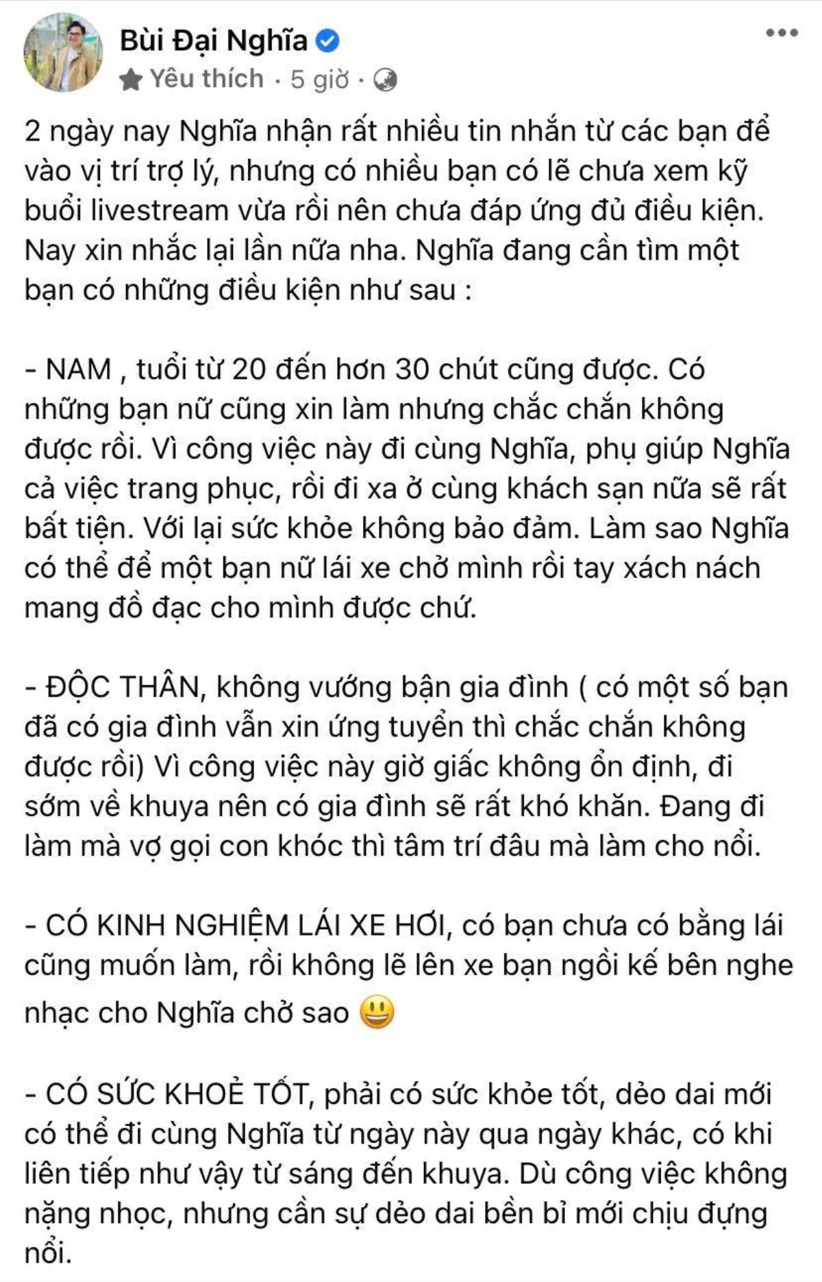 Đại Nghĩa bức xúc khi đăng tin tuyển trợ lý nhưng bị nhiều người vào suy diễn bậy bạ Ảnh 2