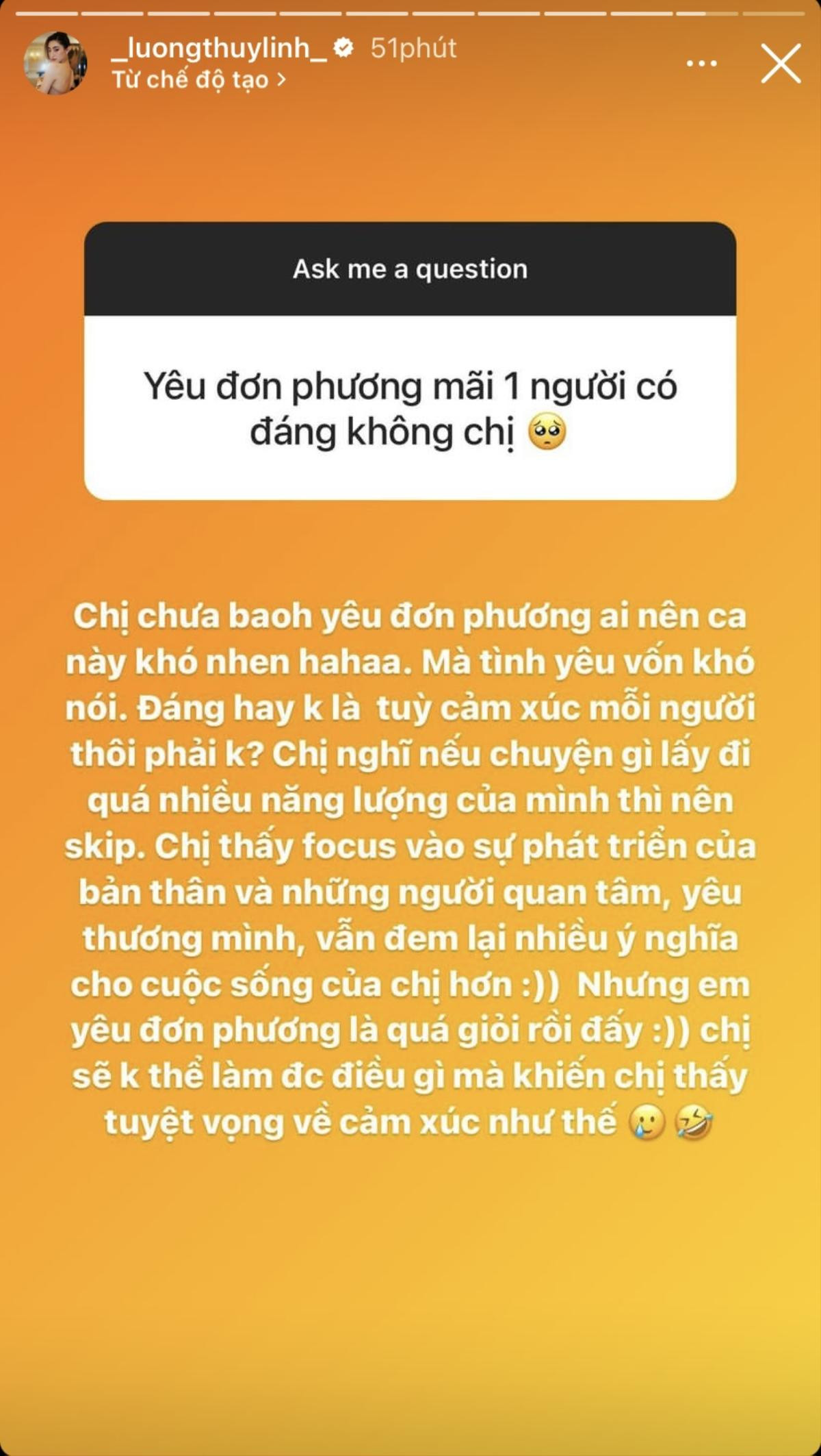 Lương Thùy Linh khẳng định không thể yêu đơn phương vì 'tuyệt vọng về cảm xúc' Ảnh 1