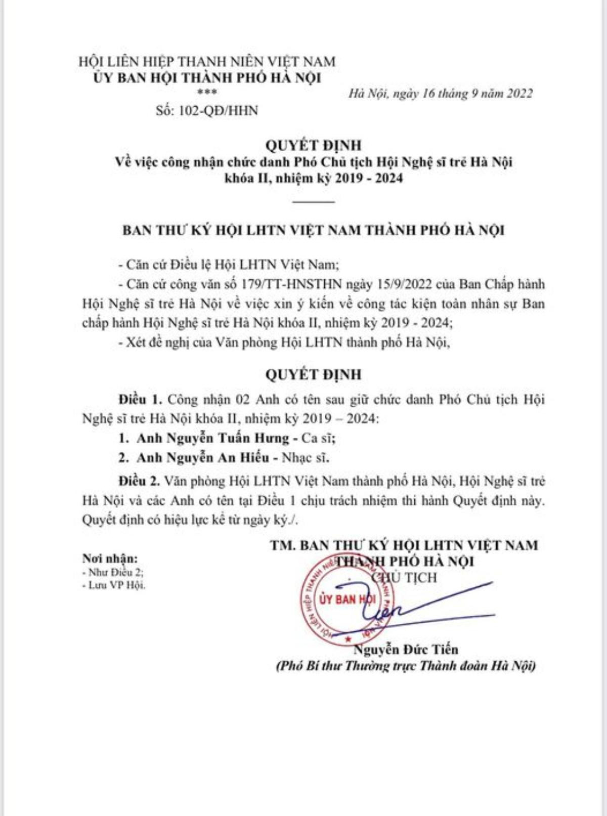 Tuấn Hưng 'trân trọng, tự hào' khi được nhận chức danh Phó Chủ tịch Hội nghệ sĩ trẻ Hà Nội Ảnh 1