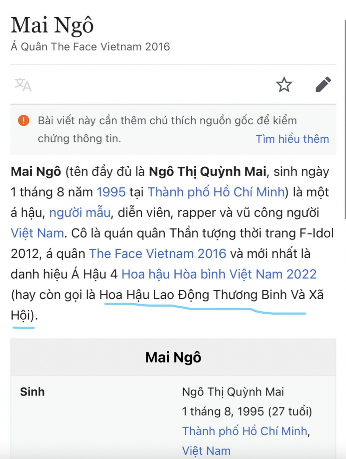 Truyền thông sau Miss Grand VN thuộc về Mai Ngô: Được đăng quang 'Hoa hậu Lao Động'... trên Wikipedia Ảnh 1