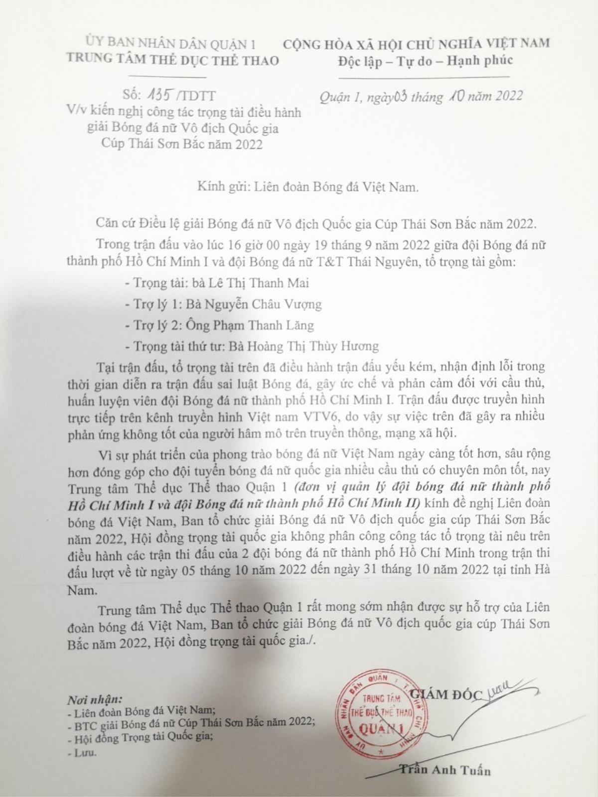 Đội TPHCM I kiến nghị Ban trọng tài xử lý vụ trọng tài bị nói 'bắt tầm bậy, bắt láo' Ảnh 1