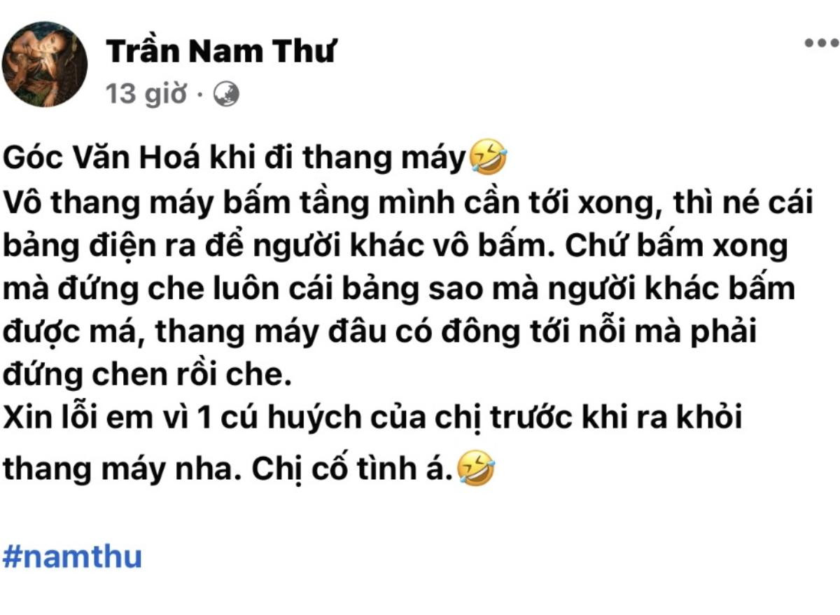 Bị nói làm lố, thiếu văn hoá khi huých người trong thang máy Nam Thư đáp trả cực gắt Ảnh 2