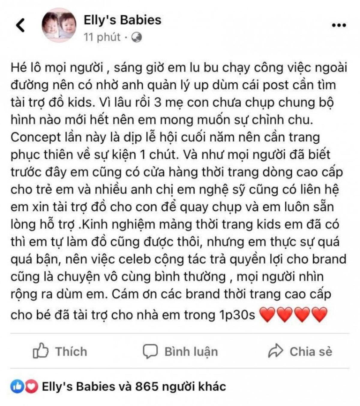 Bị chỉ trích khi đăng bài than con không có quần áo, phải xin tài trợ, Elly Trần lên tiếng thanh minh Ảnh 3