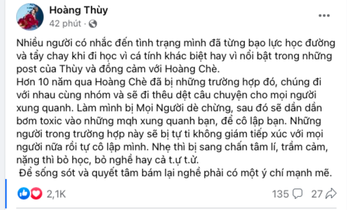 Hoàng Thuỳ lên tiếng về bạo lực học đường, tiết lộ từng là nạn nhân Ảnh 1