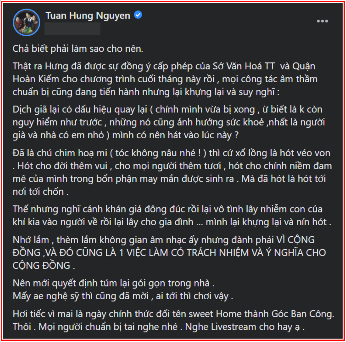 Nguyên văn bài đăng của Tuấn Hưng trên trang cá nhân.