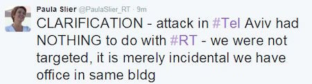 Trên Twitter của mình, phóng viên Slier cũng cập nhật thông tin nói rằng vụ tấn công này không nhằm vào hãng RT và chỉ ngẫu nhiên xảy ra ở tòa nhà có văn phòng của họ.