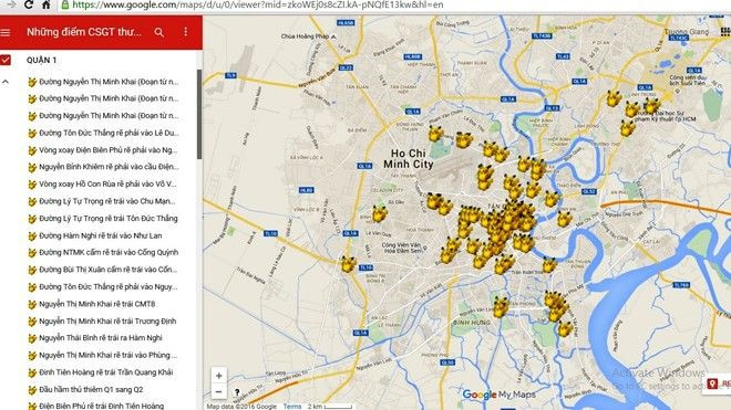 Bản đồ trên Google.com đăng tải những vị trí CSGT thường làm nhiệm vụ và "mách" người đi xe tránh né.