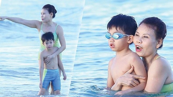 Ngoan ngoãn đợi mẹ Hà ghi hình The Face, Subeo vô tư tắm biển cùng bà ngoại Ảnh 2