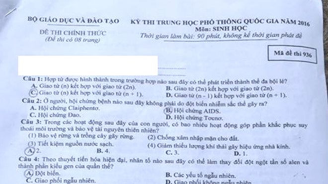 Bài giải, đề thi môn Sinh học THPT quốc gia 2016 Ảnh 2
