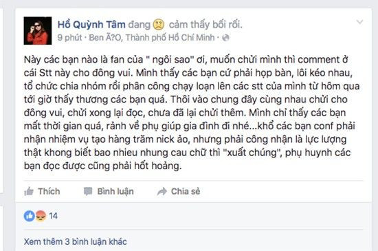 Rất đông fan Mỹ Tâm "khủng bố" Facebook của chị gái Hồ Quỳnh Hương khiến cô vô cùng khó chịu.