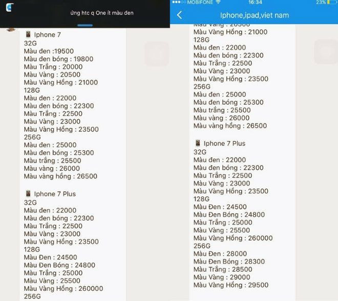 Bảng giá iPhone 7 và 7 Plus.