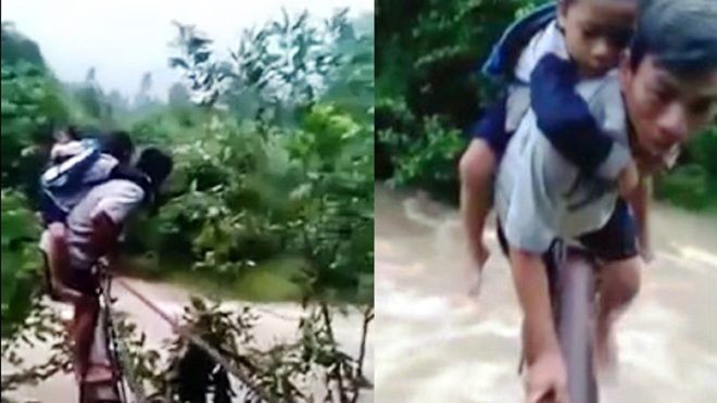 Hãi hùng cảnh níu dây, cõng học sinh qua dòng suối dữ Ảnh 2