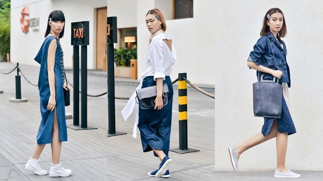 Các tín đồ thời trang mang sắc xanh denim 'bao trùm' sàn diễn đường phố trước thềm show diễn Ảnh 2