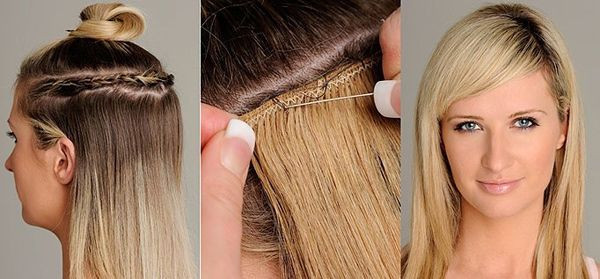 Với kiểu sew-ins (kiểu khâu), thợ làm tóc sẽ tết một đường sát chân tóc và khâu cố định lên đó từng đoạn tóc giả bằng chỉ khâu.