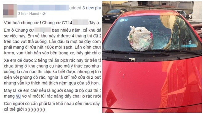 Nữ tài xế hoảng hốt khi túi rác từ trên chung cư bay xuống làm vỡ kính chắn gió xe Toyota Yaris Ảnh 2