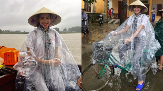 Hoa hậu Phạm Hương đội mưa ngồi thuyền, đạp xe đi từ thiện miền Trung Ảnh 2