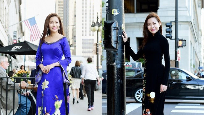 Hải Dương dịu dàng trong tà áo dài trên đường phố Mỹ Ảnh 2