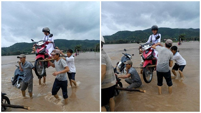 4 'soái ca' khiêng nữ sinh trên xe máy vượt lũ ở Phú Yên gây sốt Ảnh 2