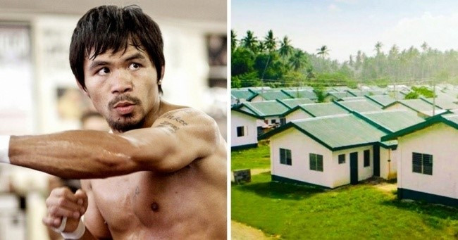1. Võ sĩ quyền Anh số một thế giới xây 1.000 căn nhà cho người nghèo: Manny Pacquiao trải qua thời thơ ấu khốn khó trong khu ổ chuột tại thành phố Kibawe, Philippines. Anh vượt lên số phận để trở thành võ sĩ đầu tiên trong lịch sử đoạt 8 chức vô địch thế giới ở 8 hạng cân khác nhau. Nam võ sĩ 36 tuổi từng trích một phần từ số tiền đầu tiên kiếm được trong sự nghiệp để xây 1.000 căn nhà ở cho những gia đình nghèo tại quê nhà Tango. Ảnh: Instagram NV.
