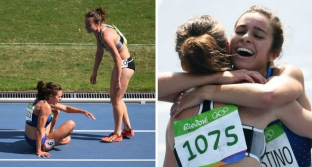 12. Câu chuyện cảm động trên đường đua điền kinh tại Olympic 2016: Nữ VĐV Nikki Hamblin (New Zealand) được người hâm mộ môn điền kinh tán thưởng khi dừng lại giúp đối thủ Abbey D'Agostino (Mỹ) bị trẹo chân ở vòng loại trên đường đua 5.000 m. Cái ôm của 2 nữ VĐV ở vạch đích dù đều bị loại khiến người xem thấy ấm áp. Họ được Ủy ban Olympic quốc tế (IOC) trao tặng huy chương đặc biệt cao quý Pierre de Coubertin vì đã truyền cảm hứng và tinh thần Olympic cho thế giới. Ảnh: Radionz.