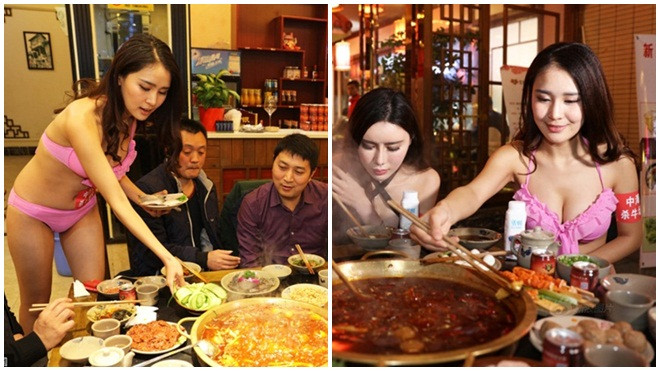 Người mẫu mặc bikini giữa trời rét phục vụ lẩu cho khách Ảnh 2