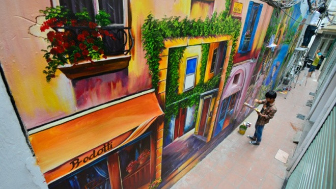 Ngõ nhỏ cũ kỹ với bức tranh 3D phong cách Venice tuyệt đẹp giữa lòng thủ đô Ảnh 2