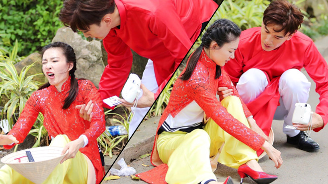 Vương Lệ Khôn ngã 'méo mặt' vì mặc áo dài thực hiện thử thách trong Amazing Race Ảnh 2