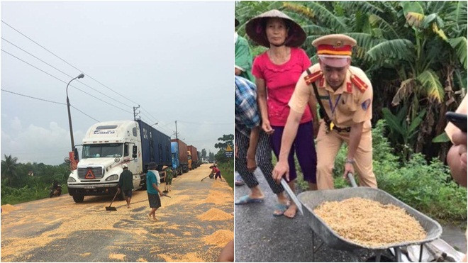 Hàng chục tấn ngô rơi vãi, người dân 'hôi của' còn lại 20 bao mặc sự van xin của tài xế Ảnh 2