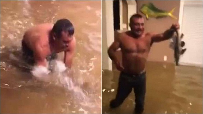 Nhà ngập trong biển nước sau siêu bão Harvey, 2 cha con ở Houston vẫn lạc quan bắt cá Ảnh 2