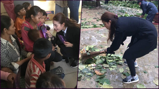 Hoa hậu Phạm Hương thăm hỏi cư dân vùng bão lũ, không ngần ngại quét dọn giúp mọi người Ảnh 2